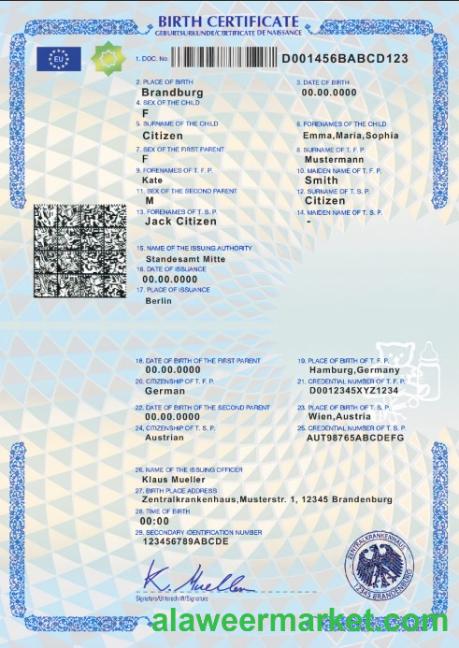 Germany birth certificate template in PSD format